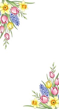 Hand drawn spring floral corners with tulips daffodils and hyacinth