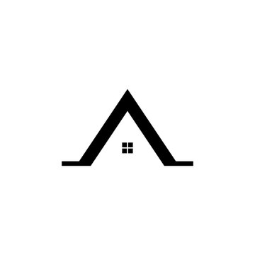 Simple black house icon with triangular roof and small window on white background, viewed directly from the front