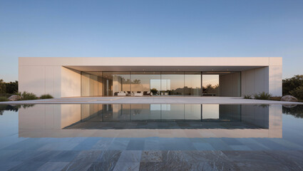 Fototapeta premium Modern minimalist concrete house with glass walls reflecting pool and sky