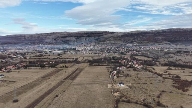 Panoramic aerial view of Livno city and mountains in Bosnia and Herzegovina