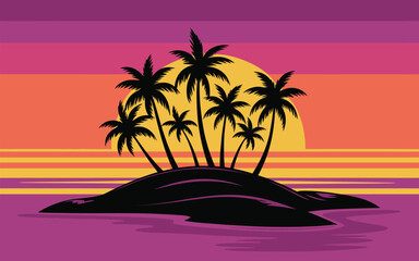 Fototapeta premium Tropical Island Sunset Poster, Black Palm Tree Silhouettes on Purple Water with Bold Yellow Sun Retro Design