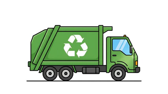 Green Garbage Truck With Recycle Symbol Driving On Road Loop