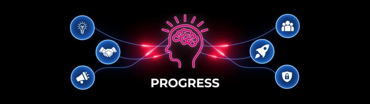 Neon-lit progress concept with brain and representing innovation teamwork security and communication on black background
