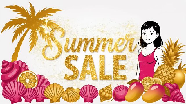 Golden Summer Sale Text Palm Tree Pineapple Seashells Fruit Woman