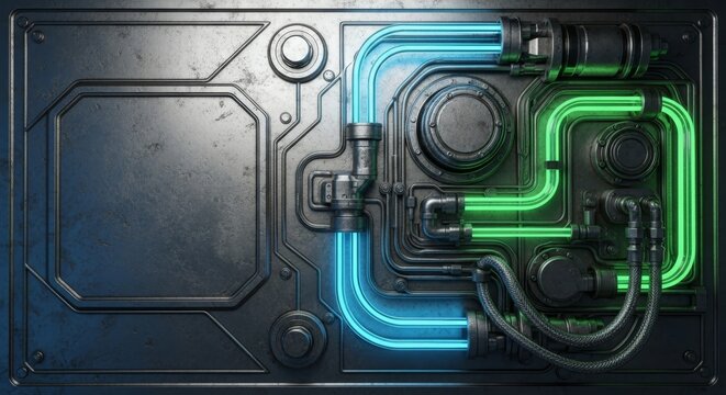 Gritty, metallic texture of an enormous access panel detailed with glowing coolant pipes and complex, high-pressure machinery components, mechanism, oxidized, bulkhead