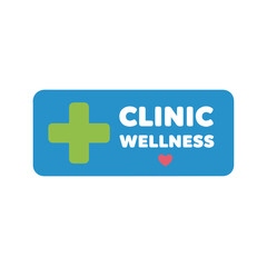 Obraz premium A modern vector logo displays a blue rounded rectangle with a prominent green medical cross on the left, 