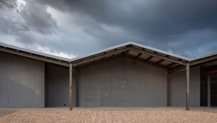 Fototapeta premium Modern industrial building with corrugated metal siding and dramatic cloudy sky
