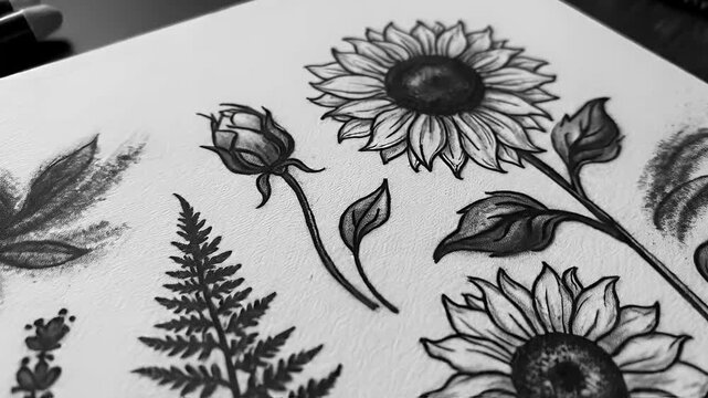 Hand Drawing Botanical Floral Flowers Sketch Footage Black And White