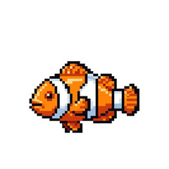 Fototapeta premium Pixel art illustration of a clownfish, a vibrant orange and white striped fish, swimming in a clear blue aquatic environment, perfect for digital art projects