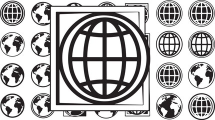 Fototapeta premium Black and white illustration of globe icons and maps