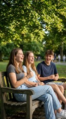 Fototapeta premium Three happy teenagers laughing together on park bench under green trees during sunny summer day. Friendship and youth lifestyle concept.
