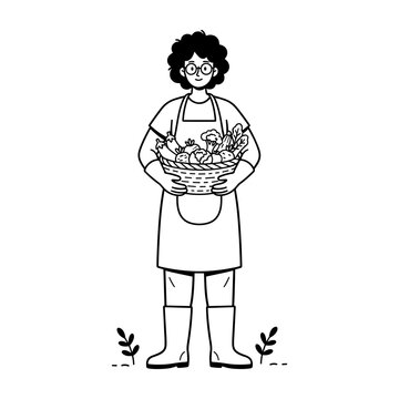 Hand drawn illustration of a gardener holding a basket of fresh organic vegetables