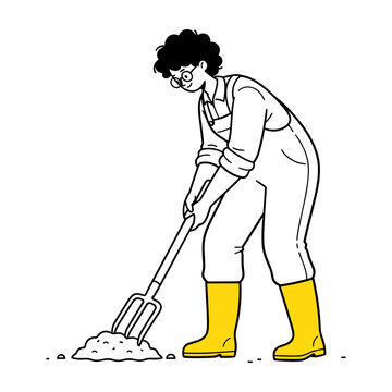 Hand drawn style illustration of a gardener working soil with a pitchfork and yellow boots.