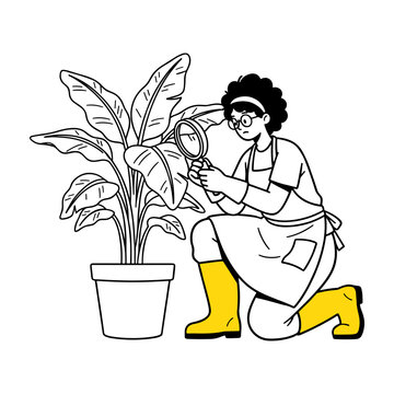 Hand drawn illustration of a woman gardener examining a potted plant with a magnifying glass