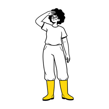 Hand drawn illustration of a person in yellow rain boots looking into the distance.