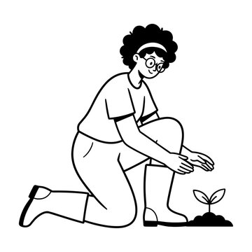 Hand drawn style person planting a seedling in soil, nurturing nature illustration