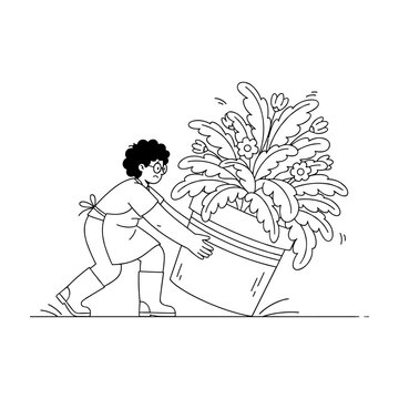 Hand drawn style illustration of a gardener struggling to move a heavy potted plant.