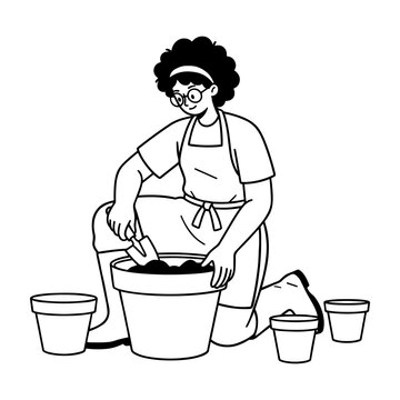 Hand drawn illustration of a person gardening, potting soil into a large plant pot