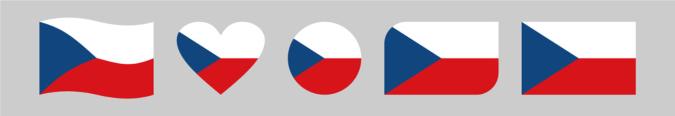 Set of five creative Czech Republic flag vector designs featuring wavy, circular, heart-shaped, rounded-corner, and rectangular styles, symbolizing national pride and patriotic celebration