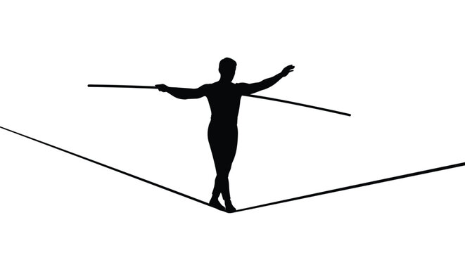 A tightrope walker balancing carefully depicted in black silhouette
