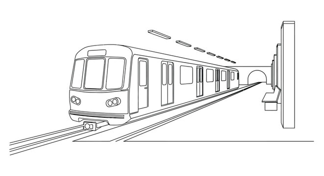 Line drawing of a subway train approaching a station platform silhouette