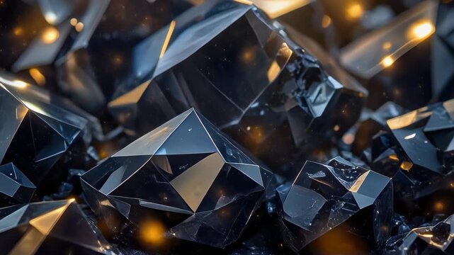 Dark Abstract Crystal Formations with Golden Bokeh Lights and Cinematic Reflections