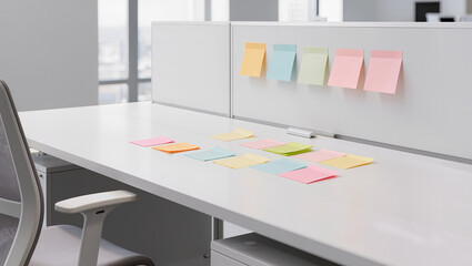 Fototapeta premium Office Desk with Sticky Notes and Cubicle Wall - Productivity Concept
