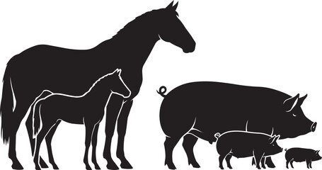 Farm animal silhouettes of a horse family and a sow with piglets, representing growth and nurture. © Moniruzzaman