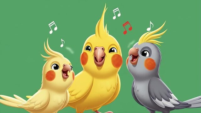 cartoon parrot trio singing on green background