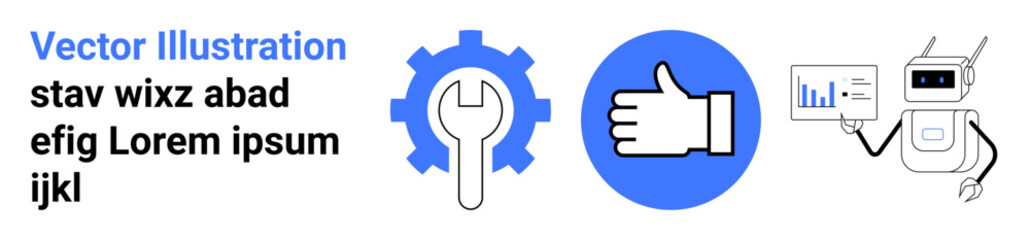 Obraz premium Technology, mechanics, automation, data analytics, robotics, online tools. A gear and wrench, thumbs-up icon and a robot presenting graphs. Technology and automation concepts