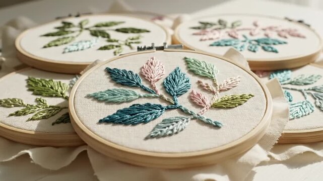 Multiple wooden embroidery hoops showcasing colorful stitched leaf patterns
