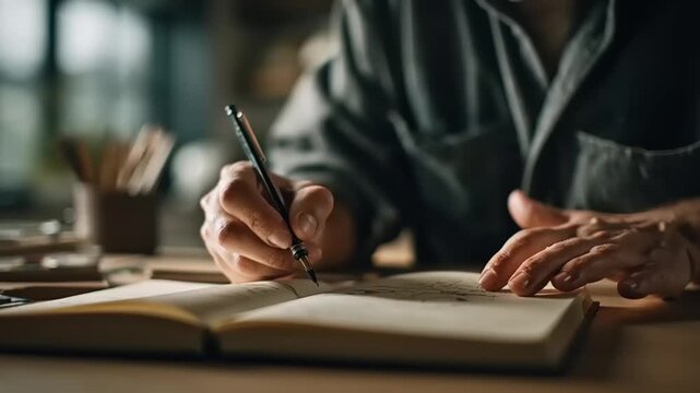 Person sketching ideas in a notebook naturally at a wooden desk indoors