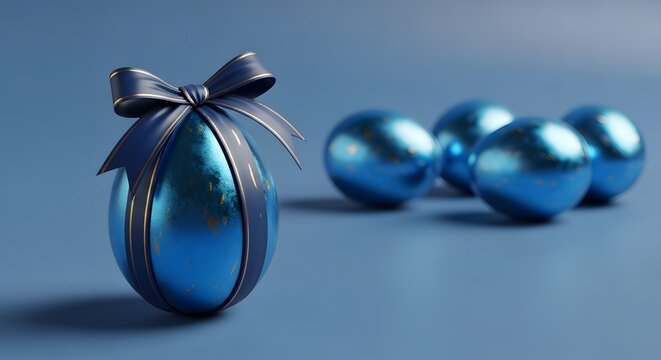 Easter eggs with ribbon and blue shine