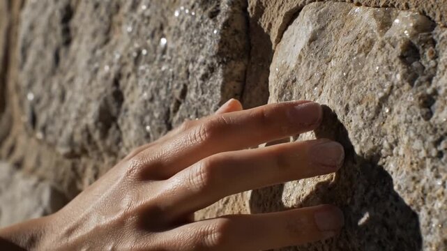 Closeup Of Hand On Sandstone. Details Of Climber Hand Gripping Rough Sunlit Sandstone Surface. Focus On Hand Gripping Rugged Sandstone With Shadow And Textural Detail Emphasizing Effort