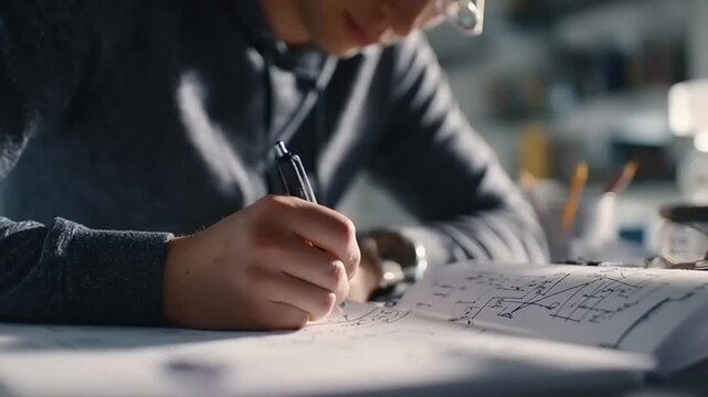A person is thoughtfully reviewing notes and diagrams in a calm environment