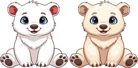 Adorable White Polar Bear Cub Vector Illustration Set Featuring Cute Sitting Baby Bears with Blue Eyes for Arctic Wildlife and Nursery Decor Graphic Designs © Selim Studio