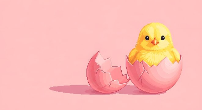 Adorable yellow chick hatching from pink easter egg