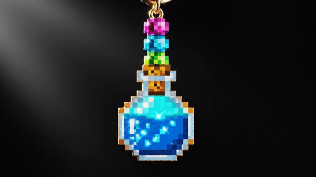 Pixel art magic potion bottle charm with glowing blue liquid
