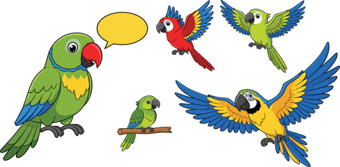 Colorful Parrot Cartoon Vector Set with Flying Macaws, Talking Tropical Birds, Cute Exotic Characters and Isolated Clipart Illustrations © Selim Studio
