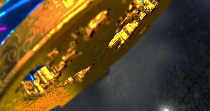 Artificial intelligence head 3d symbol spectacular. Abstract glowing golden metal icon animation.