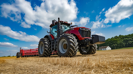 Obraz premium A bright red modern tractor with large black rubber tires stands on a hay-covered field under a vibrant blue sky with white puffy cloud.