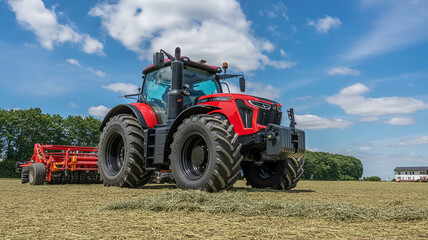 Obraz premium A bright red modern tractor with large black rubber tires stands on a hay-covered field under a vibrant blue sky with white puffy cloud.