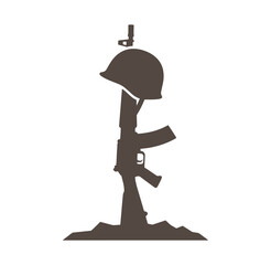 Obraz premium Silhouette of a soldier kneeling with rifle and helmet on white background