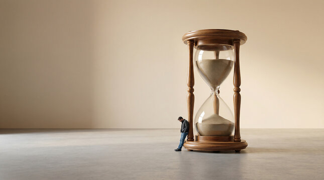 Man Leaning Against Giant Hourglass &ndash; Waiting, Patience and Passing Time Concept