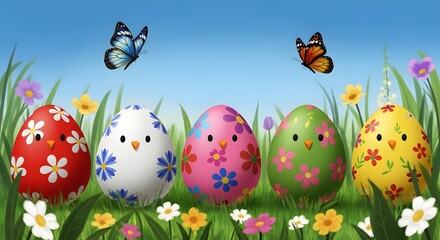 Easter eggs and butterflies in a colorful meadow