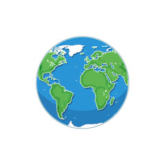 Fototapeta premium Colorful flat design Earth globe illustration, featuring prominent continents and blue oceans, symbolizing global connectivity, environmental themes, and world travel concepts