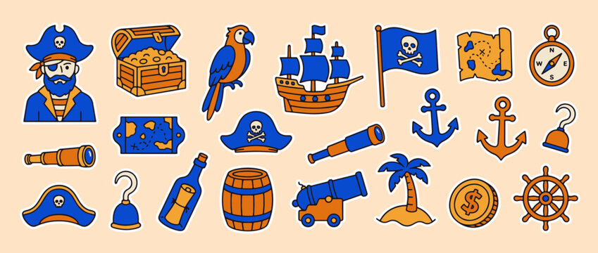 Ahoy, Matey's Treasure Trove: A collection of vibrant pirate illustrations set against a warm, sandy background, ready to set sail and seek adventure!  