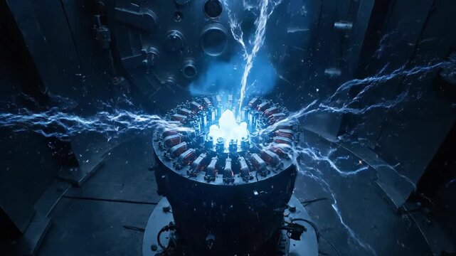 Industrial Vault Interior Monitoring Centering on Receding Turret In Dim Blue Lighting