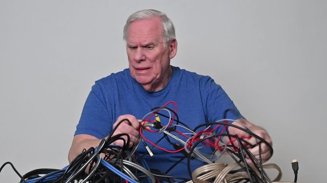Older man in blue shirt sifts through tangled mess of wires