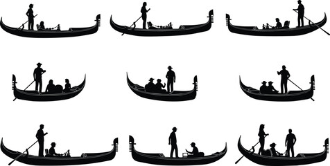 Black vector silhouettes of Venetian gondolas with gondoliers and tourists, traditional Italian boats set isolated on white background, Venice travel. © VactorZone